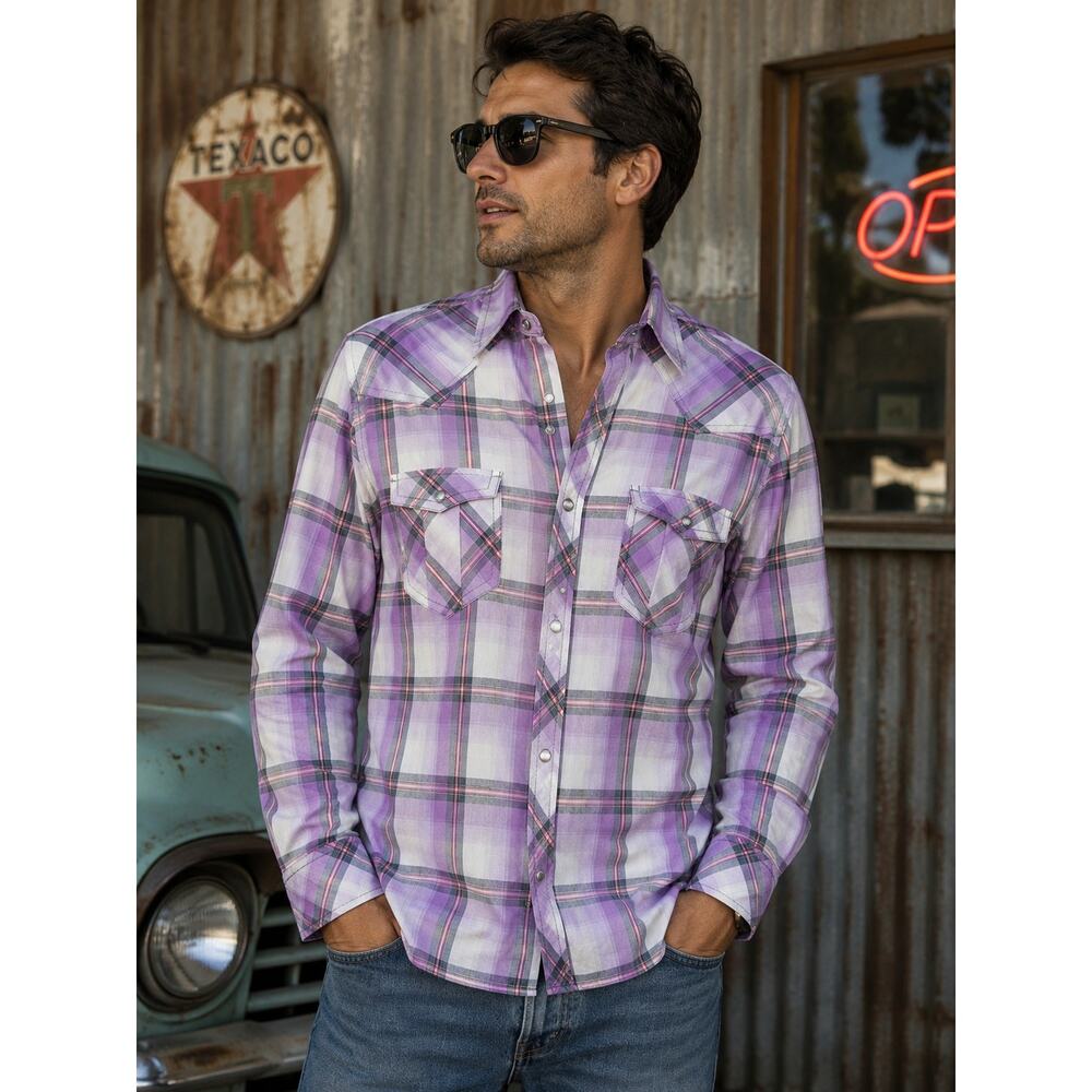 INC International Concepts Men's Large Purple Plaid Western Snap Button Shirt